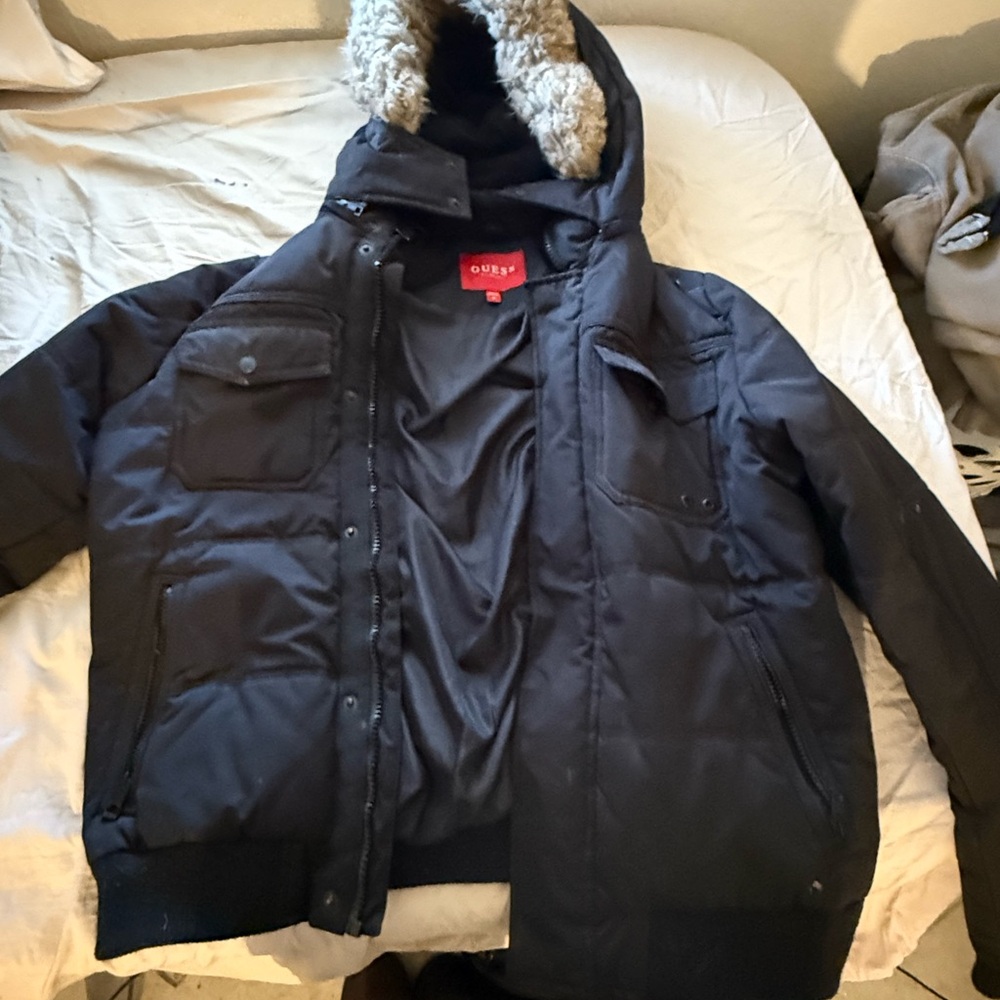 Guess Men's Dark Gray Hooded Puffer Jacket